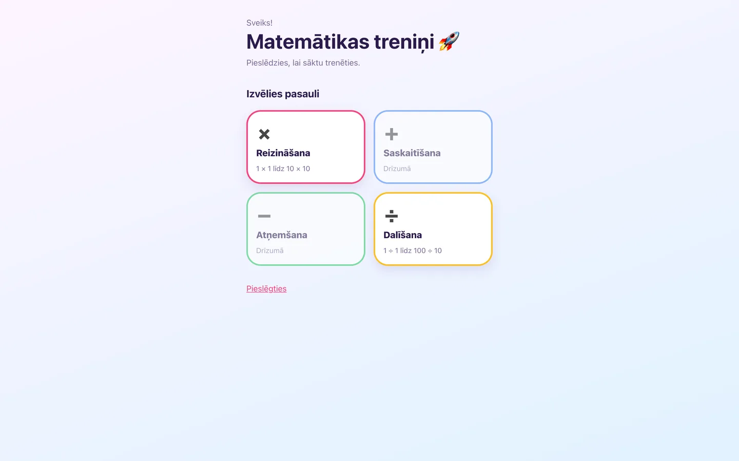 Matemātikas treniņi website on a desktop screen